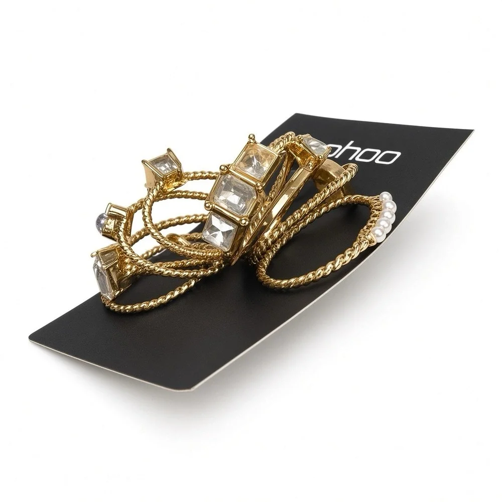 Boohoo Pastel Stone & Pearl Stacking Rings Set Gold Tone One Size Fashion Jewelr